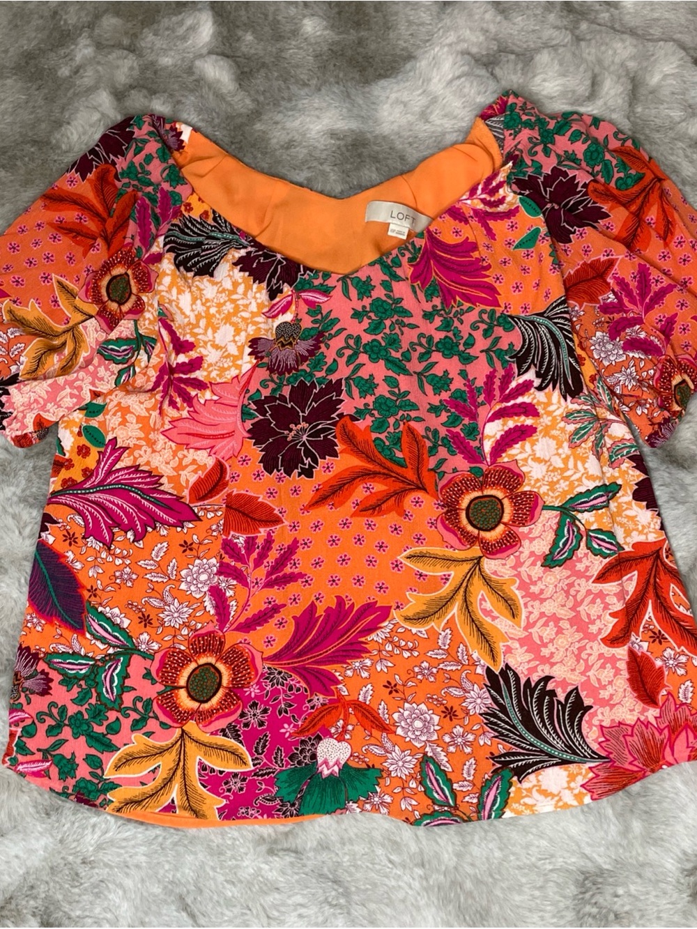 LOFT Orange Floral Patchwork Short Sleeve Blouse-0263